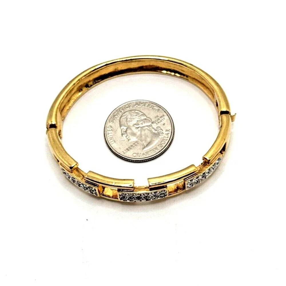 Rhinestone Link Bangle Bracelet Gold Tone Statement Hinged Runway Jewelry 7
